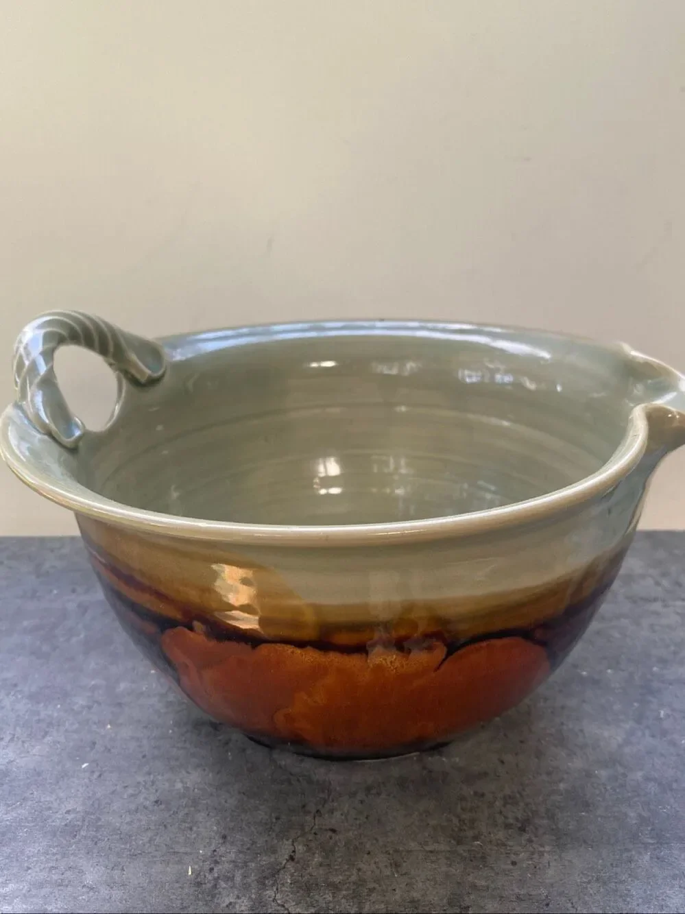 Clouds Folsom Studio Art Pottery Bowl Drip Glaze Sage Brown Rustic Cottage